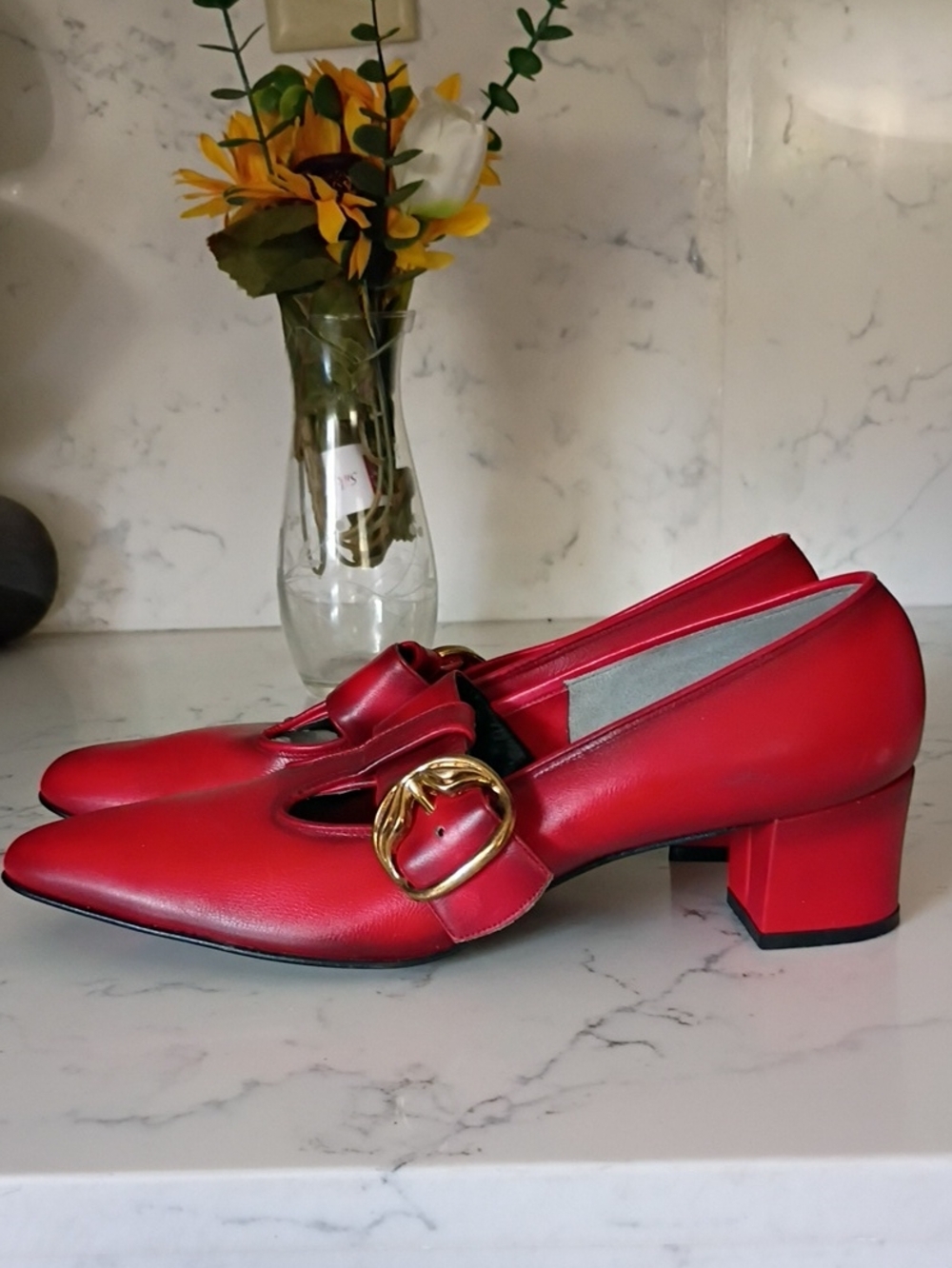 Fifth Avenues by Selby Red Leather Mary Jane Heels with Gold Buckle